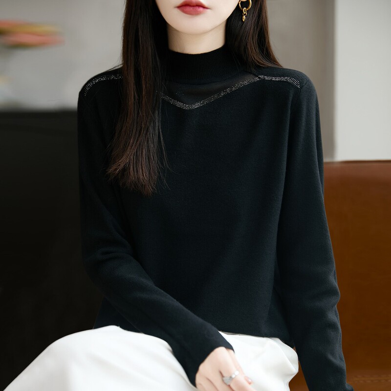 2026 New Autumn-Winter Half-Turtleneck Knit Sweater with Rhinestone Detail for Women, Plus Size Women's Top, Spring-Autumn Sweater 2026 New Autumn-Winter Half-Turtleneck Knit Sweater with Rhinestone Detail for Women, Plus Size Women's Top, Spring-Autumn Sweater