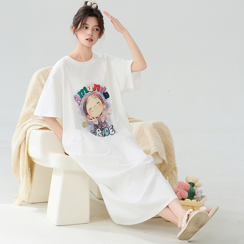 Camisón mujer verano algodón de manga corta 2025 nuevo estilo algodón fresco dibujos animados lindo pijamas de mujer ropa de casa se puede usar afuera