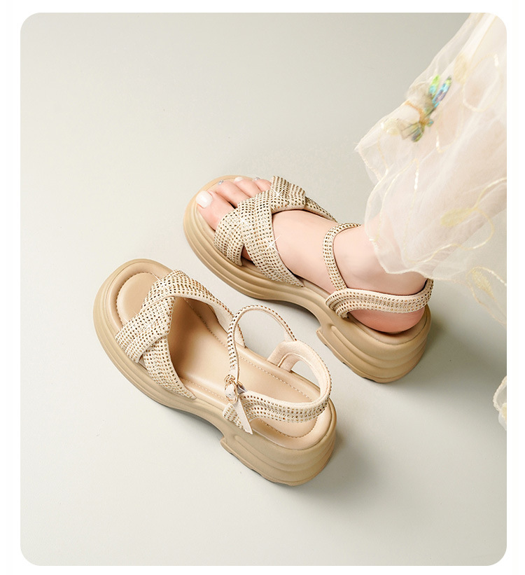 Sandal nữ đế dày đính đá phong cách La Mã, đế mềm tăng chiều cao — Màu đen chi tiết 12
