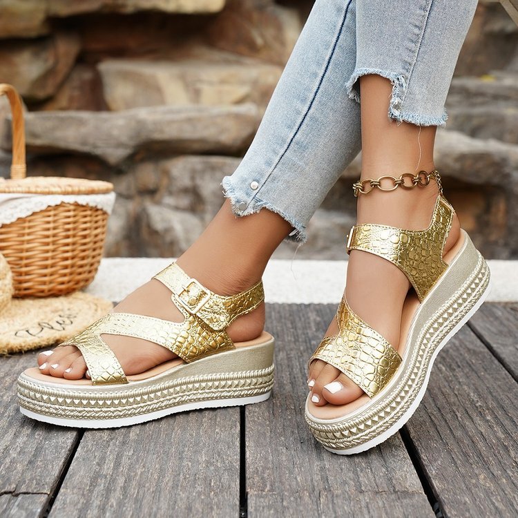 Summer New Style Metallic Gold Snake Pattern Platform Sandals with a 0.67 Size Difference, Women's Open-Toe Ankle Strap Sandals
