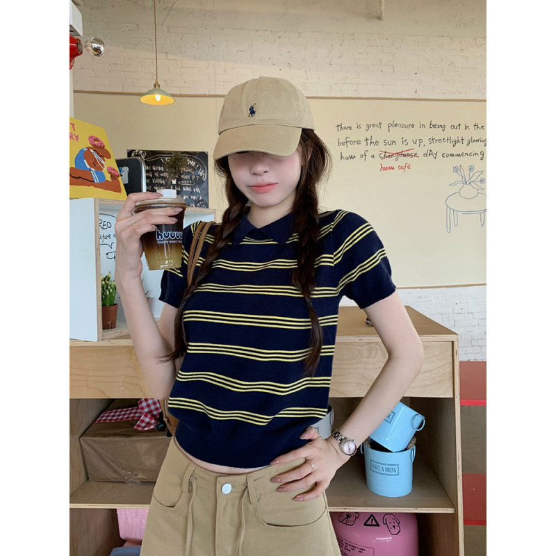 Elegant and Youthful Striped Polo Knit Shirt for Women, Summer College Style Base T-Shirt with Regular Shoulder Short Sleeves and a Stylish Design Elegant and Youthful Striped Polo Knit Shirt for Women, Summer College Style Base T-Shirt with Regular Shoulder Short Sleeves and a Stylish Design