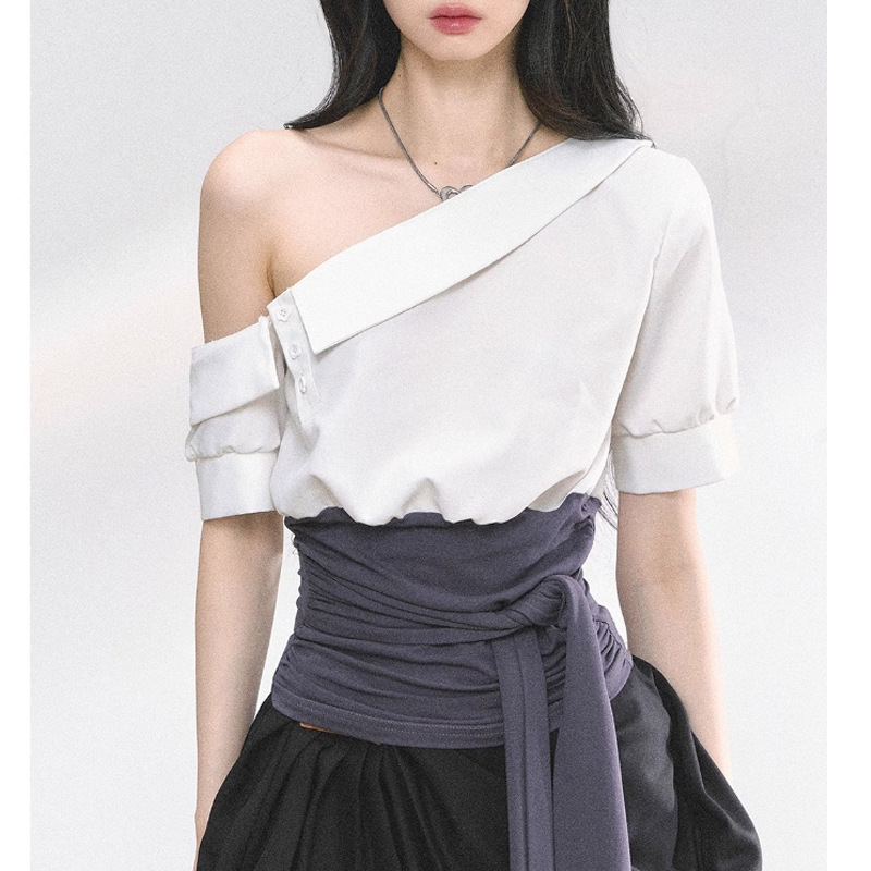 2025 韓国モデルトップフレンチオフショルダーホットガール Tシャツ夏ウエスト痩身デザイン通勤シャツショーツスーツ|undefined