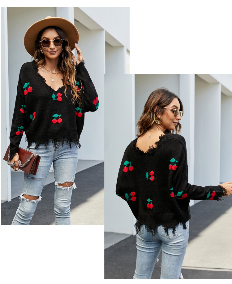 V-Neck Cherry Jacquard Loose Pullover Sweater NSYH86777