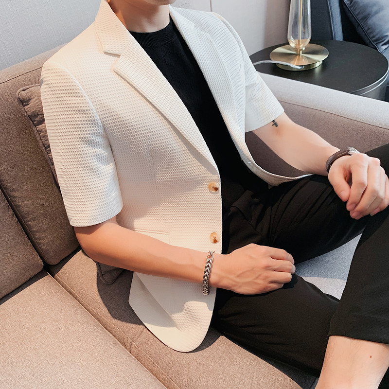 2023 Single-breasted Business Casual Summer Half-sleeved Suit Jacket Thin Stretch Slim-fit White Fashionable Suit for Men