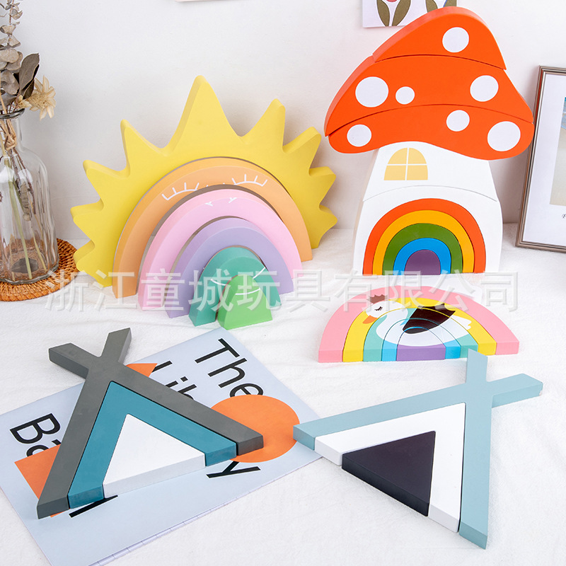 new pattern woodiness children Puzzle Early education Piles of music Toys solid wood Rainbow Building blocks Makeup Rainbow Tower Multiple styles