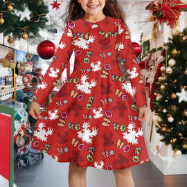 秋冬麋鹿长袖圆领圣诞节雪人连衣裙女孩礼物拐杖糖可爱长裙跨境