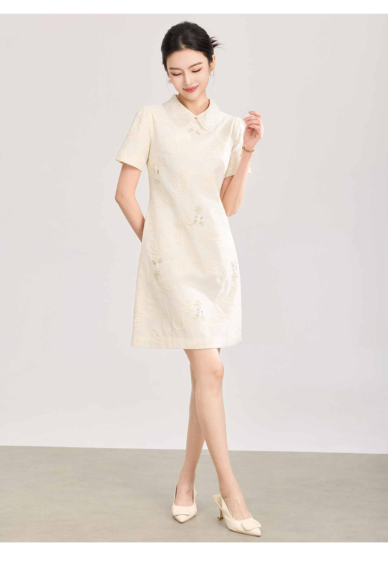 Đầm suông nữ midi cổ búp bê tay ngắn thêu ren đính cườm phong cách tiểu thư — màu sắc chi tiết 14