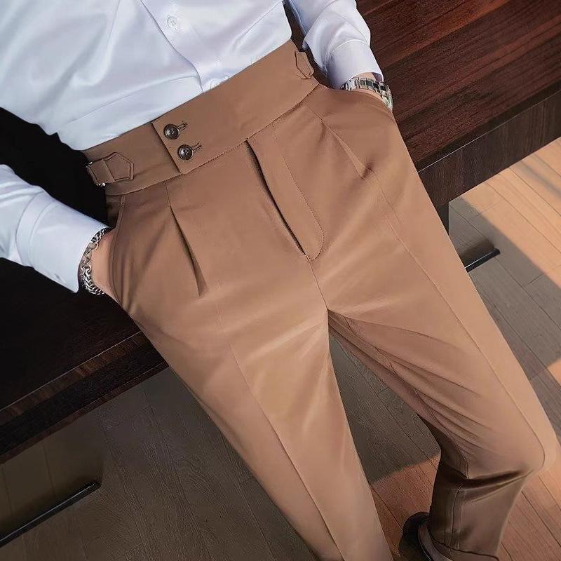 Nápoles traje pantalones de los hombres de estilo coreano slim fit pantalones ajustados otoño retro de cintura alta de negocios de color sólido pantalones casuales rectos