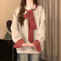 美式复古系带拼接撞色卫衣女秋季宽松oversize设计感休闲百搭外套