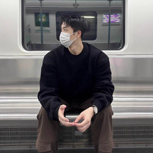 500g重磅黑色卫衣男款春秋季圆领无帽套头内搭打底衫美式ootd穿搭