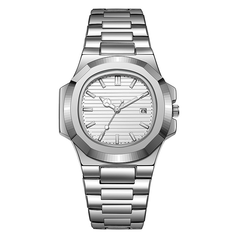 Relojes Nautilus transfronterizos Relojes mecánicos falsos Moda para hombres Cinturón de acero Calendario Reloj de cuarzo de fondo hueco luminoso