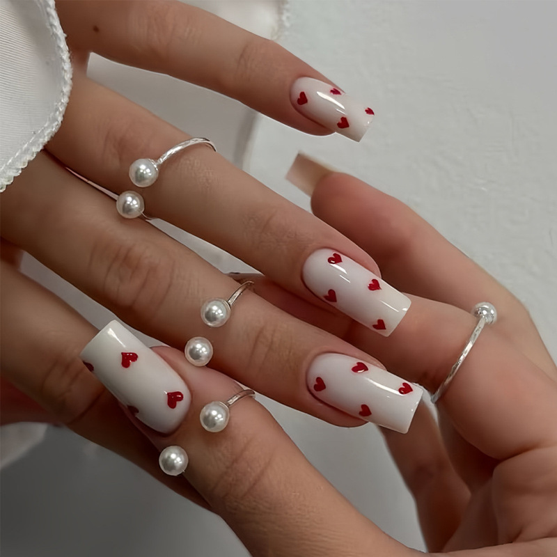 New Korean-Style Niche Design Minimalist Wearable Nails, Long Square-Shaped Heart-Shaped Nail Stickers, Fashionable and Popular Nail Pieces