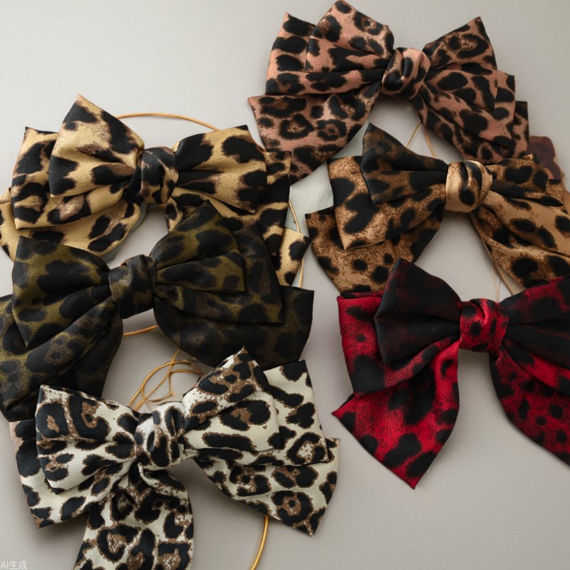 欧美缎面豹纹款蝴蝶结发女百搭马尾弹簧夹OL边夹头饰品2024新款