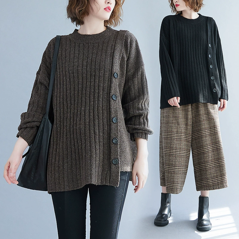 Knitted winter sweater, Korean style, round neck, plus‑size loose fit, rib knit with side buttons