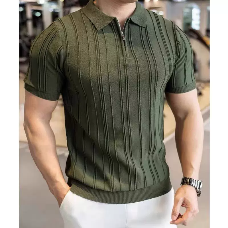 美式复古重磅短袖恤男生领针织衫显肌肉健身运动休闲上衣