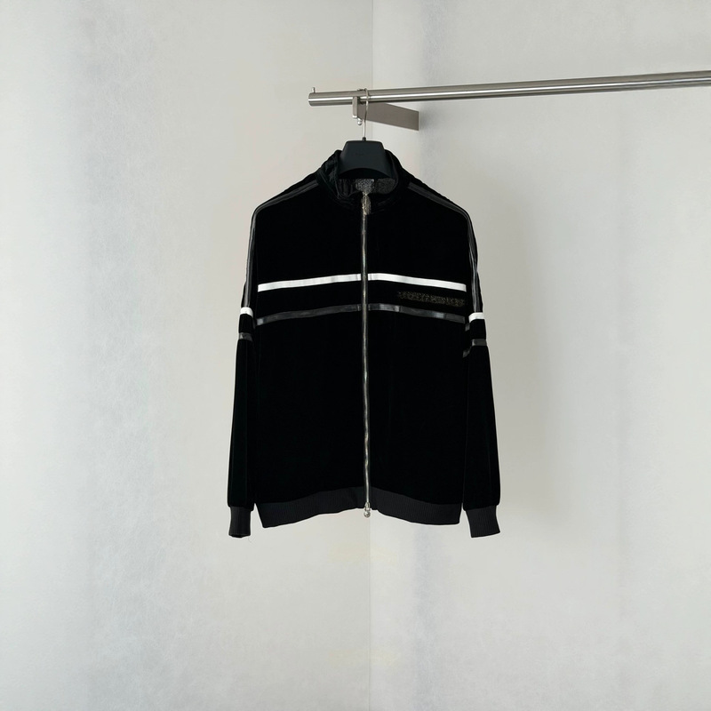 CH high-quality ceiling velvet jacket with gold thread embroidery, leather strip splicing, and zipper