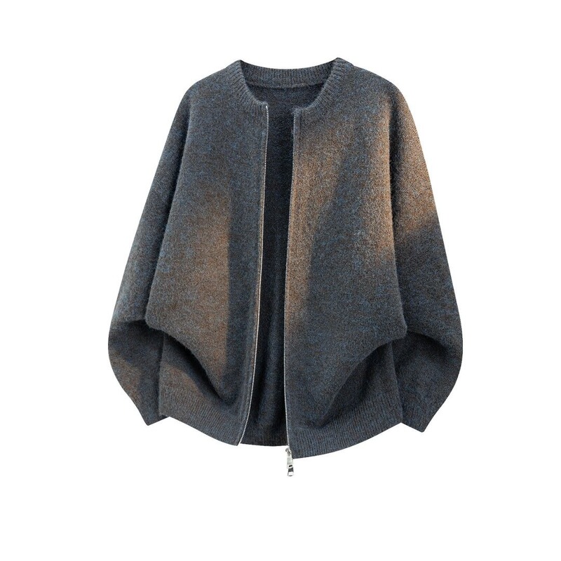 Tie-dye American retro style, relaxed fit, double-zip cardigan sweater for men, autumn loose casual high-end knit outerwear