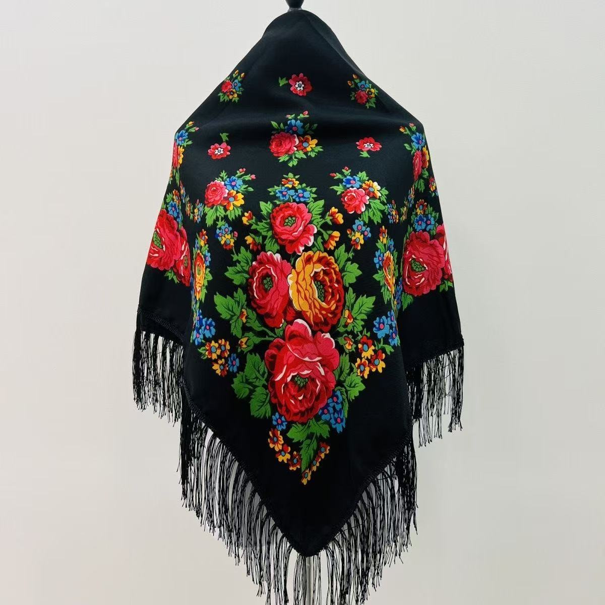 Russian Ethnic Style Large Square Scarf, Versatile Scarf for Women in Spring & Fall, Chaka Salt Lake Travel Photo-Taking Tassel Shawl Dual-Purpose