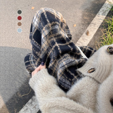 藏青色加绒格子裤子女秋冬2025新款高腰显瘦垂感阔腿裤休闲加厚裤