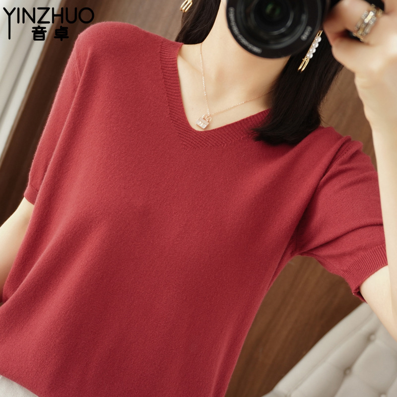 2025 Spring and Summer New Elegant Simple V-neck Sweater Short Sleeve Loose All-match Thin Top Women's Short Shown 2025 Spring and Summer New Elegant Simple V-neck Sweater Short Sleeve Loose All-match Thin Top Women's Short Shown