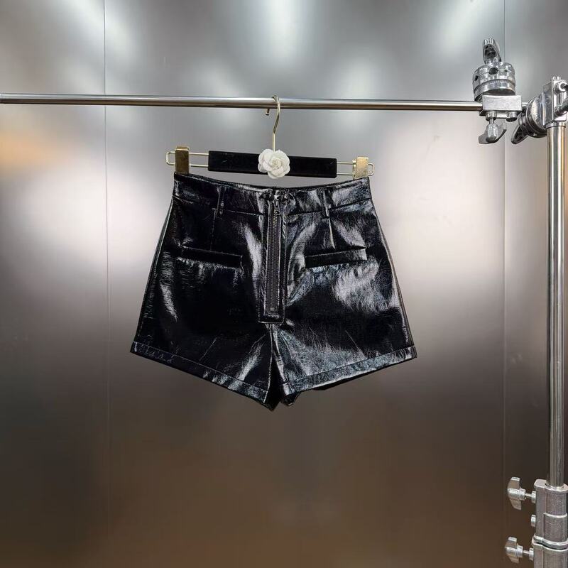 2026 Spring Front Zipper Decorated Shiny Pu Leather Cool Style Shorts Casual Slimming Versatile Cool and Stylish Cross-Border 2026 Spring Front Zipper Decorated Shiny Pu Leather Cool Style Shorts Casual Slimming Versatile Cool and Stylish Cross-Border