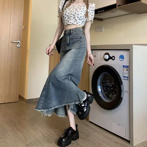 Retro denim skirt for women 2026 spring and summer new style high-waist small figure slimming and fringed medium and long fishtail skirt