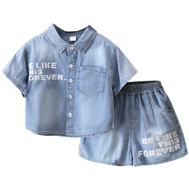 7217 Traje de camisa de mezclilla para niños 2025 Nuevo estilo de moda Verano para niños Red Red Fried Street Ropa Verano Manga corta