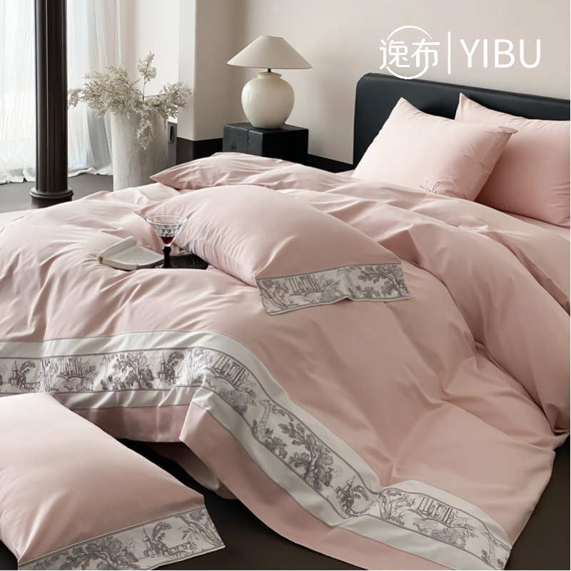 Cama de algodón de fibra larga amigable para la piel 100S retro francés de cuatro piezas de algodón estampado edredón sábana de cuatro piezas de algodón puro