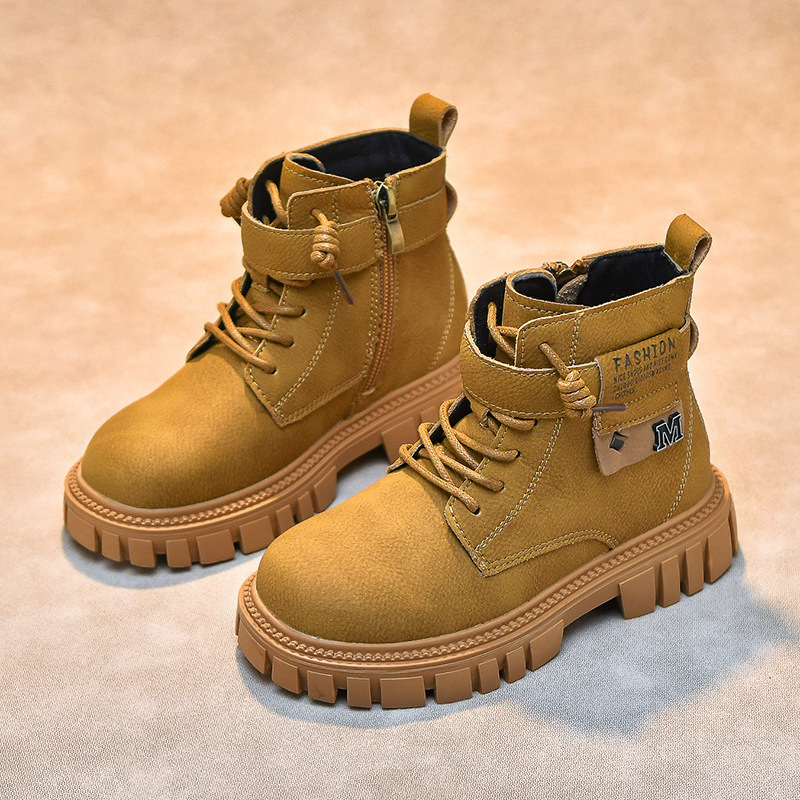 Boys' Boots 2024 Autumn and Winter New Medium and Large Kidsren's Boots Fleece-Lined Cotton Shoes Non-Slip Little Boy's Short Boots