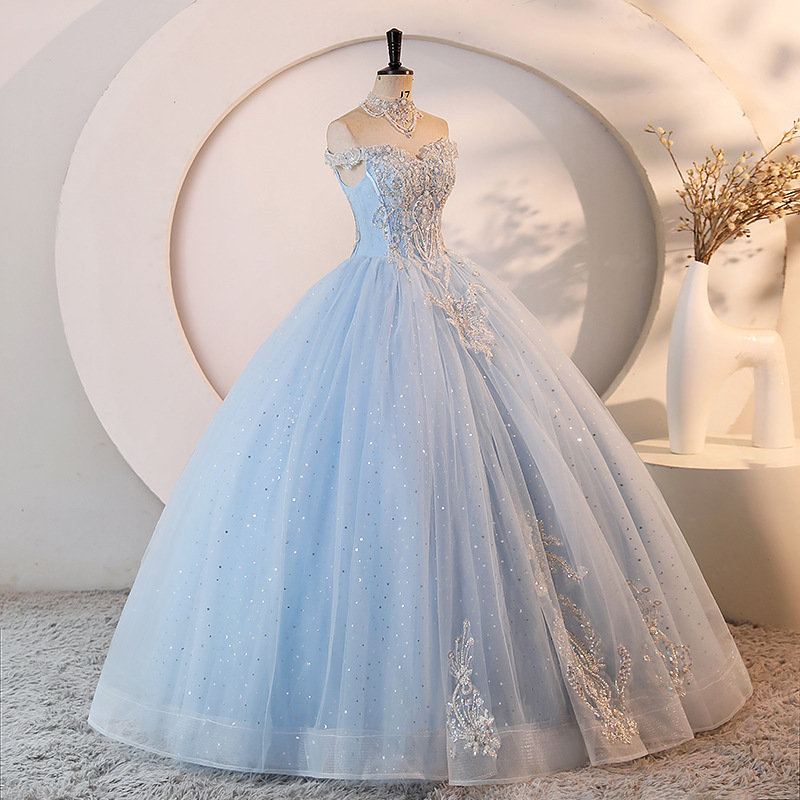 High-End Ice Blue Heavy-Duty Cross-Border Bridal Wedding Dress 2026 New Model Slimming and Complexion-Enhancing Original Foreign Trade Colorful Tulle Gown for Women