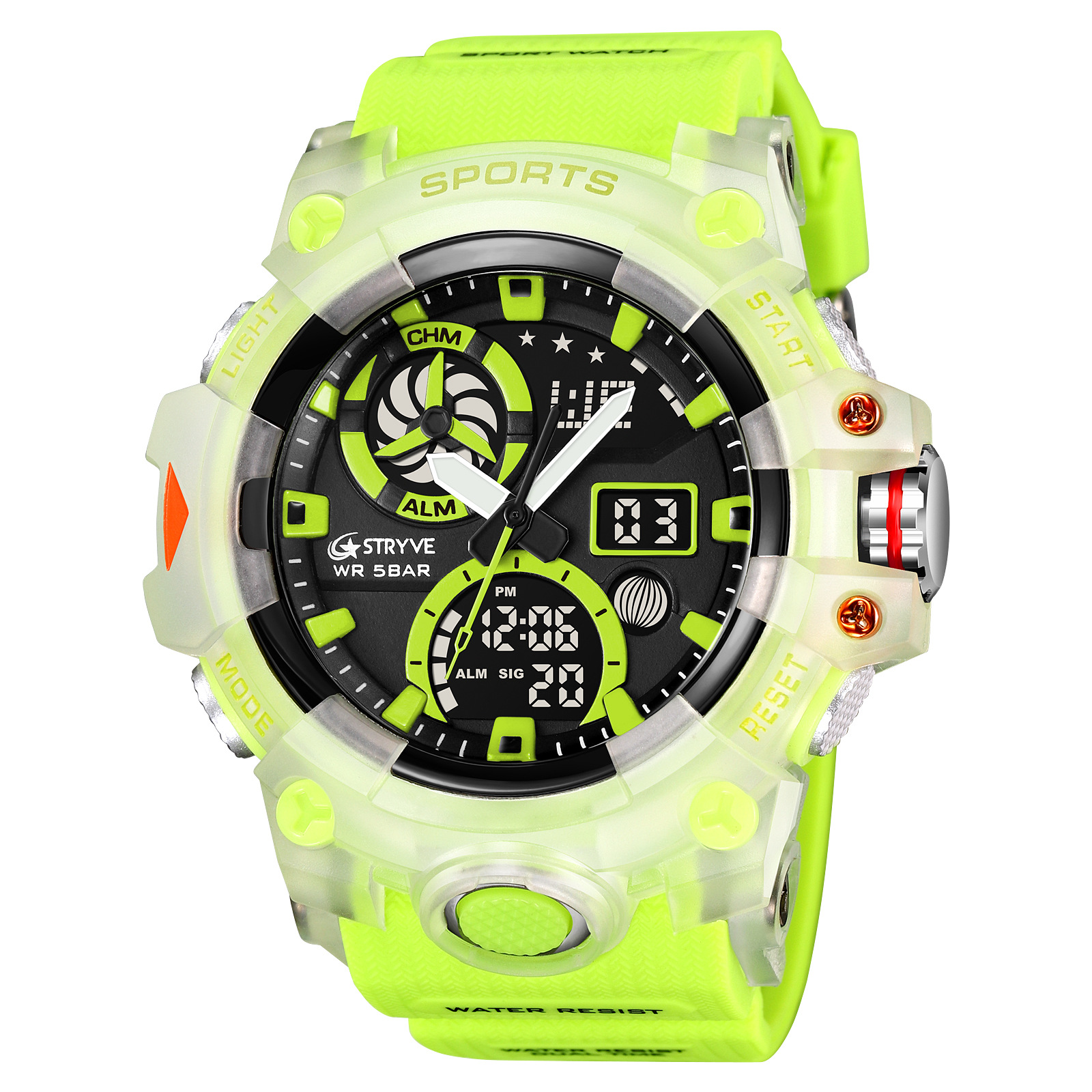 Nuevos hombres deportes reloj electrónico stryve 8027 doble pantalla luminosa tiempo alarma reloj cronómetro pantalla digital Reloj de pulsera