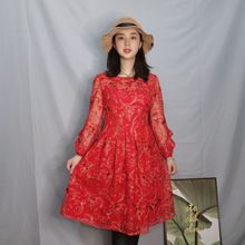 刺绣连衣裙圆领长袖红裙子气质收腰刺绣连衣裙GC611109