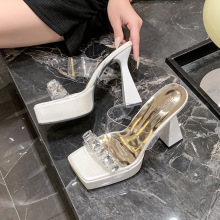方头透明水钻一字带厚底外穿拖鞋女夏季粗跟防水台增高超高跟鞋