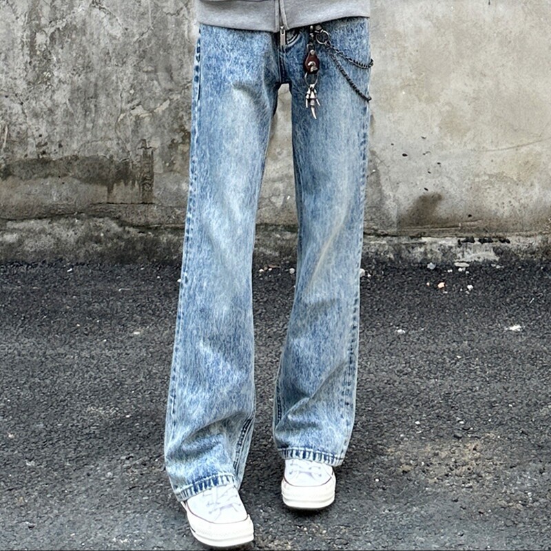 American High Street Cleanfit Retro Marble Light Blue Jeans for Men, Slightly Flared, Slimming, 57 Version Pants