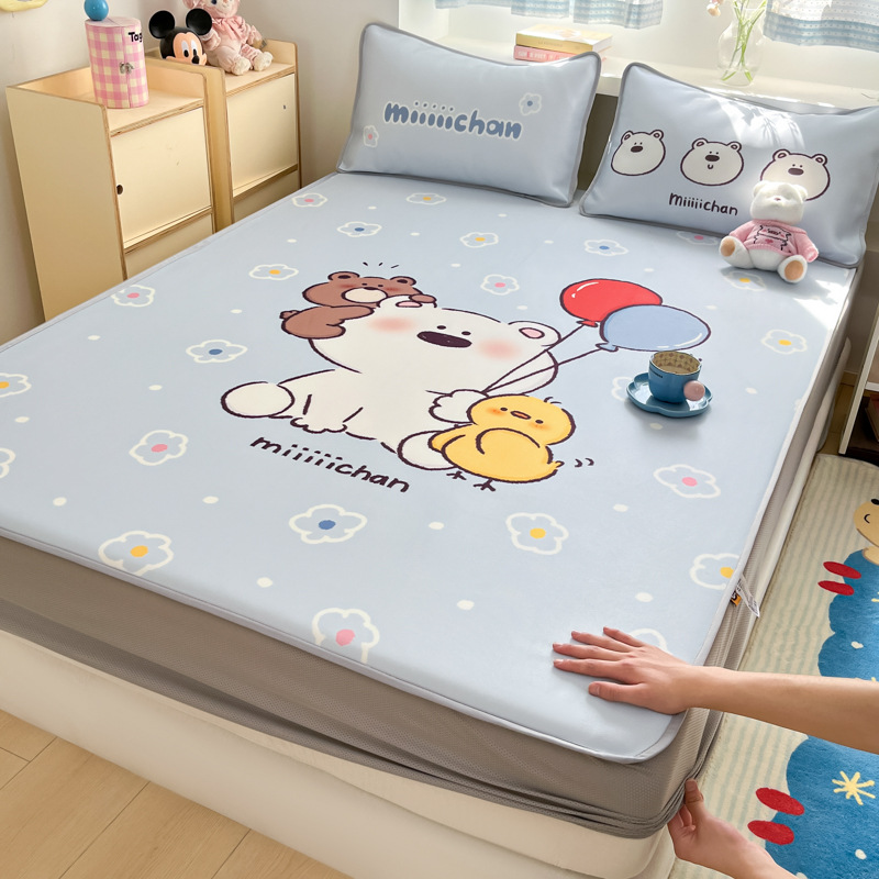 Sombrilla de cama de seda de hielo de verano, cubierta protectora de colchón para niños todo incluido, dormitorio, cubierta de cama individual, juego de tres piezas