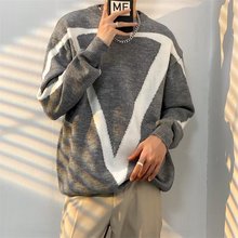 大V拼色毛衣男秋冬季ins潮流韩版设计感针织衫几何设计感毛衫外套