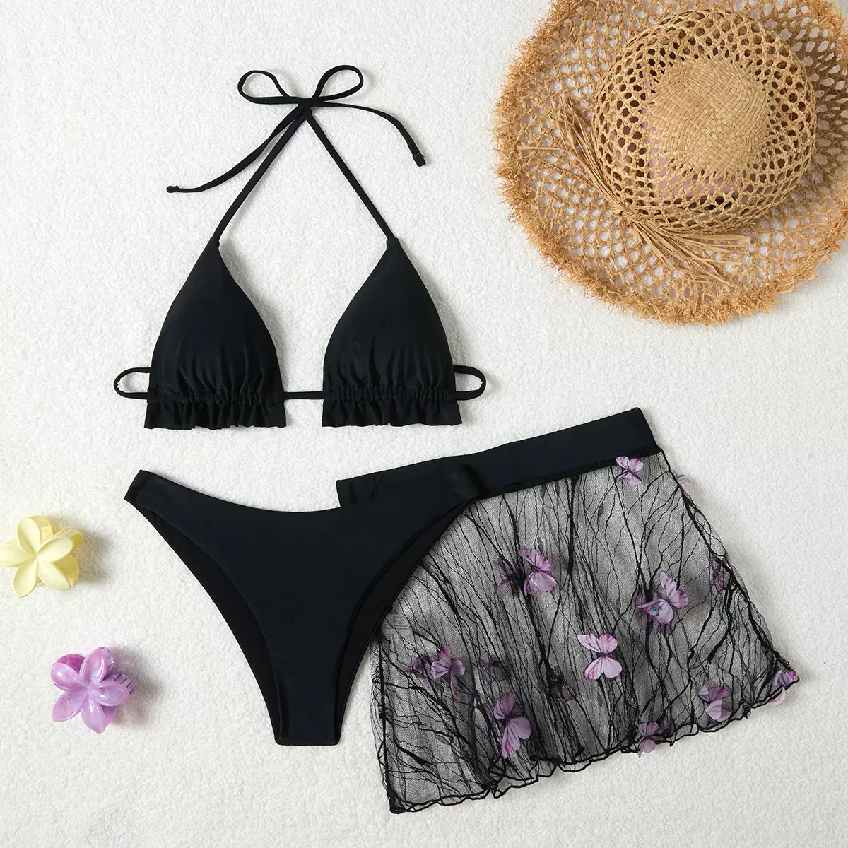 定制  欧美新款保守泳衣女跨境纯色比基尼三件套紧身聚拢运动款