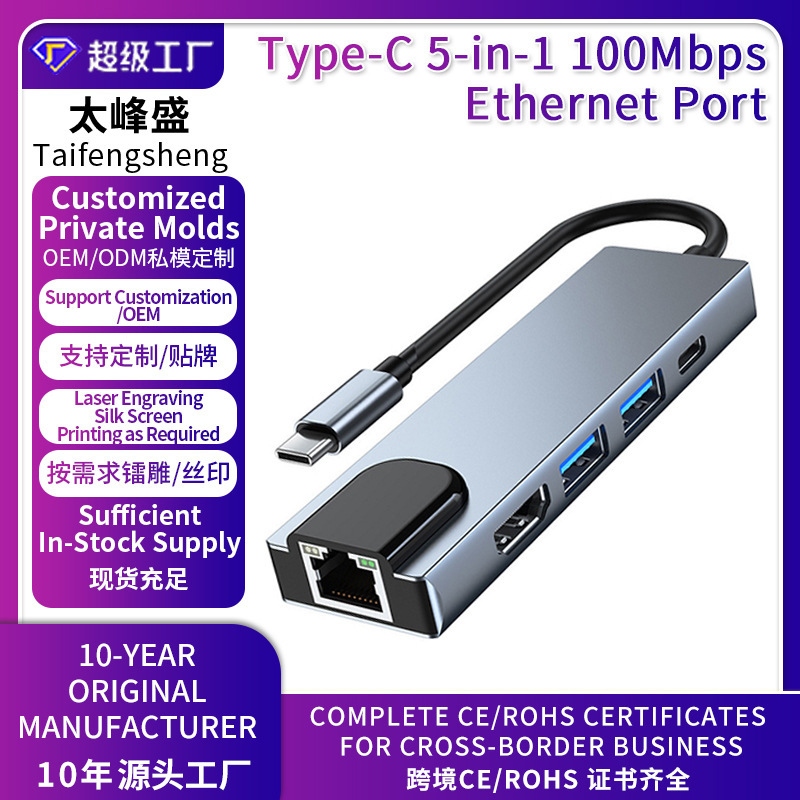 Type C to 5-in-1 100Mbps RJ45 network port card expansion dock hub extender cross-border customization