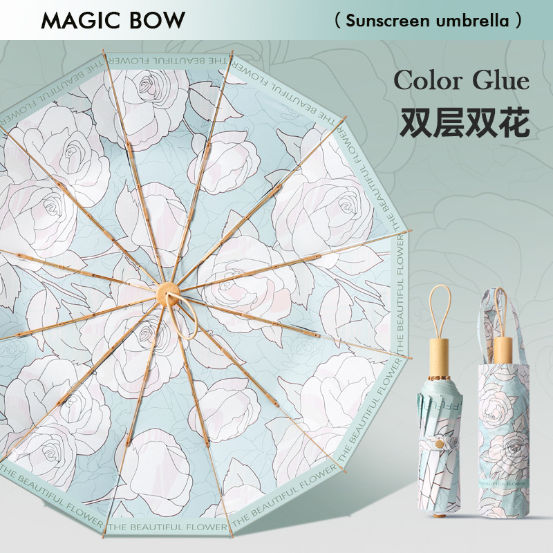Paraguas plegable de doble capa con 24 varillas, resistente al viento y al sol, venta al por mayor para mujeres