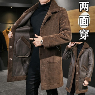 Lambskin Coat Men's Thickened Windbreaker Coat Mid-length Woolen Coat Men's Winter New Double-sided Wear
