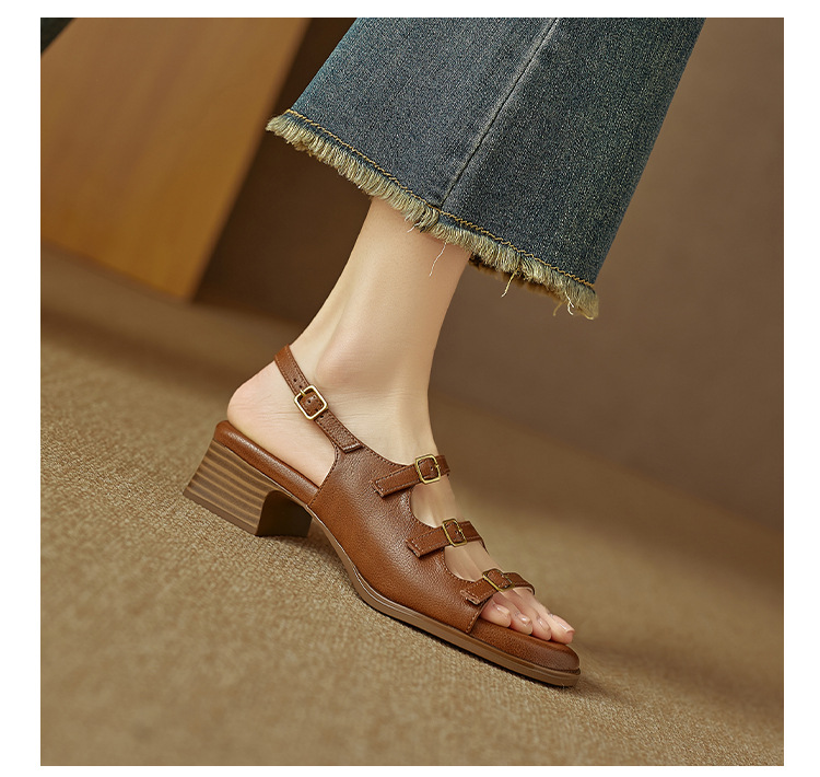 Sandal hở mũi nữ quai ngang gót thấp phong cách La Mã đơn giản — màu nâu chi tiết 18