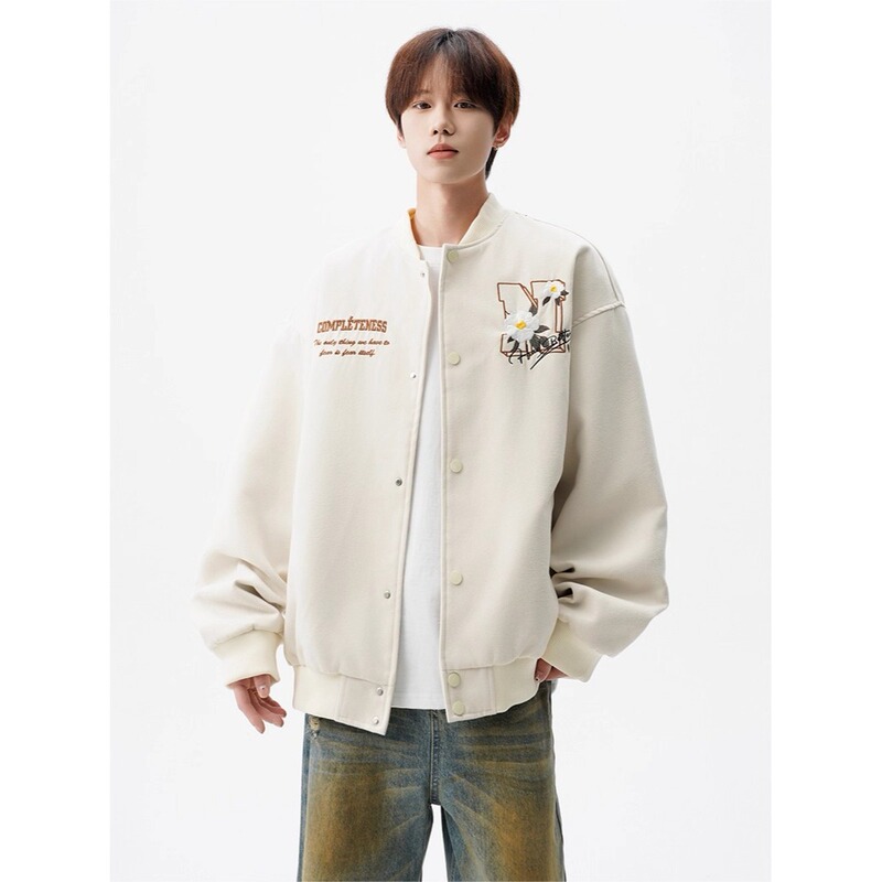 美式复古棒球服重磅宽松衣服立体花型刺绣夹克男女同款毛呢情侣款|undefined