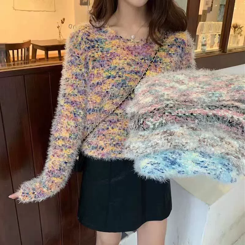 欧美跨境日式新款毛衣女秋冬花色仿貂绒针织套衫宽松韩版上衣外贸