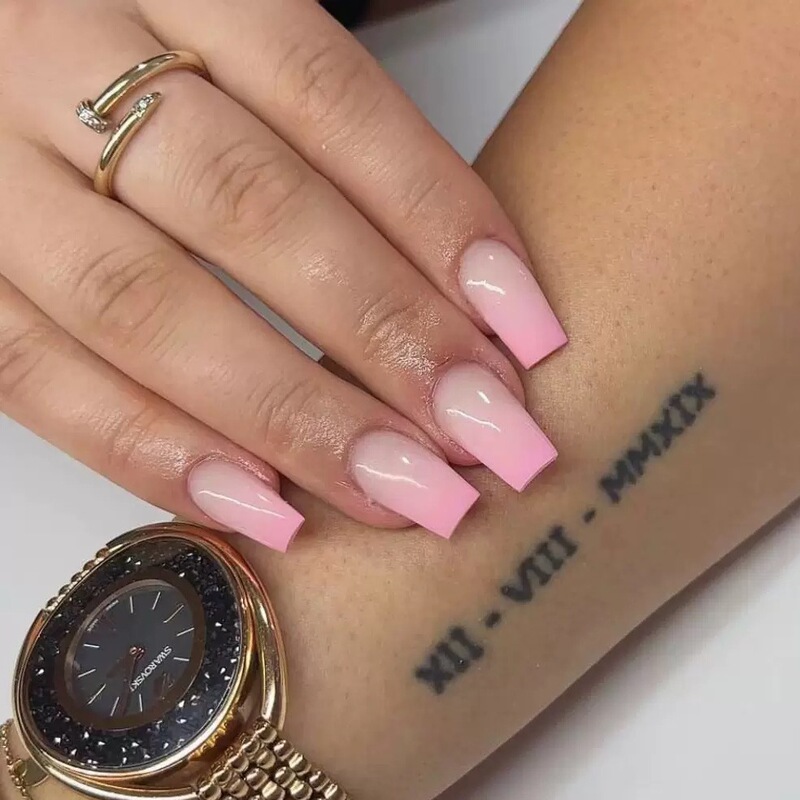 Short Ballet Gradient Pink Fake Nails Short Coffin Manicure Gradient Purple Pink Wearable Nails Girl Sweet Nails