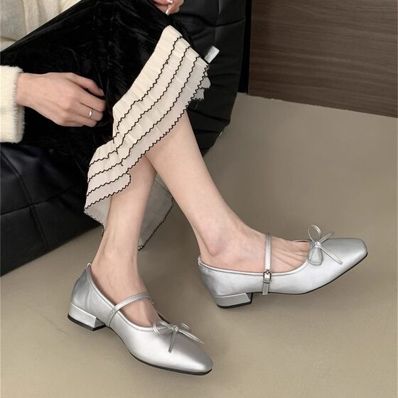 Korean Style Milk Shoes Small Square Toe Shallow Mouth Bow Mary Jane Shoes Women's Spring and Summer Soft Sole Single-layer Shoes with Chunky Heeled