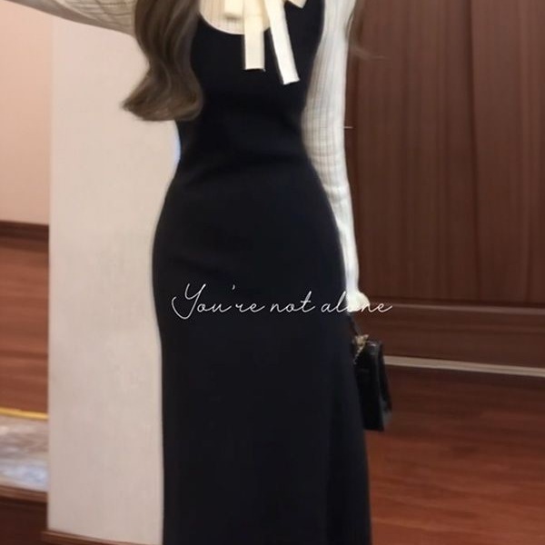 法式chic风蝴蝶结假两件拼接连衣裙女学生秋冬季气质收腰过膝长裙|undefined