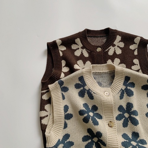 MtinyQueen 2024 Spring and Autumn New Children's Vest Retro Flower Knitted Jacket Korean Style Sweater