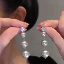 S925银针灰色珍珠长款耳环小众简约设计感耳钉个性百搭耳饰批发