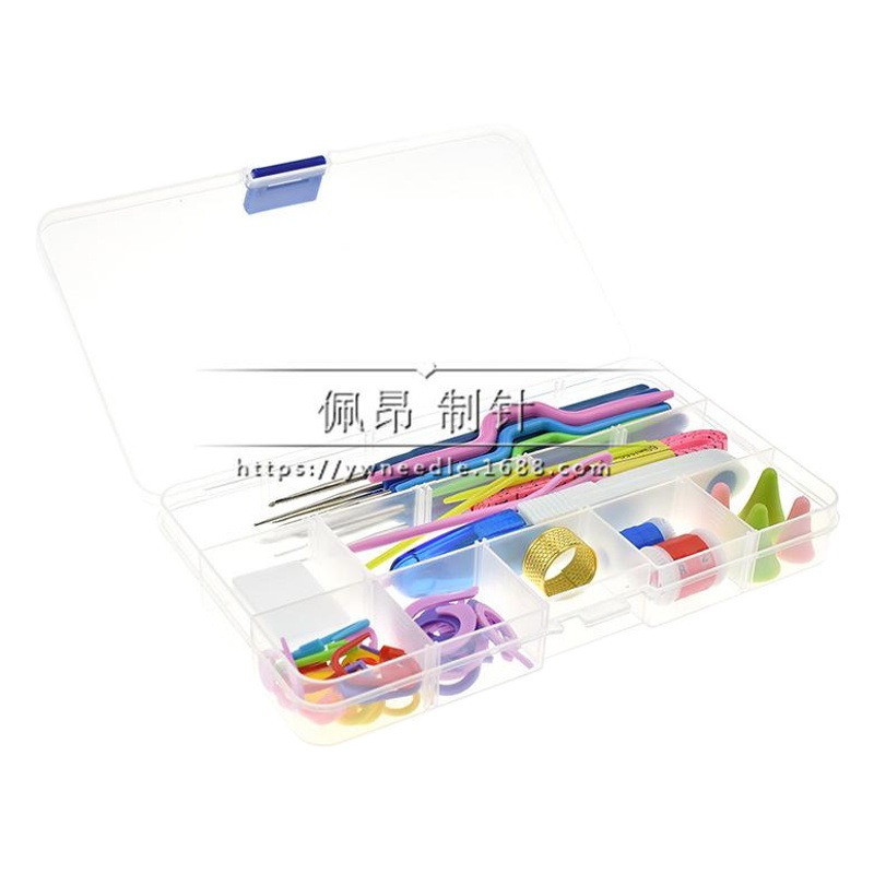 Venta caliente 16 traje de punto de ganchillo DIY herramientas de punto ganchillo de color varios accesorios en caja conjunto completo al por mayor