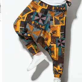 2022夏季外贸新款潮流中国风男休闲拼色花长裤棉麻宽松低档跨裤